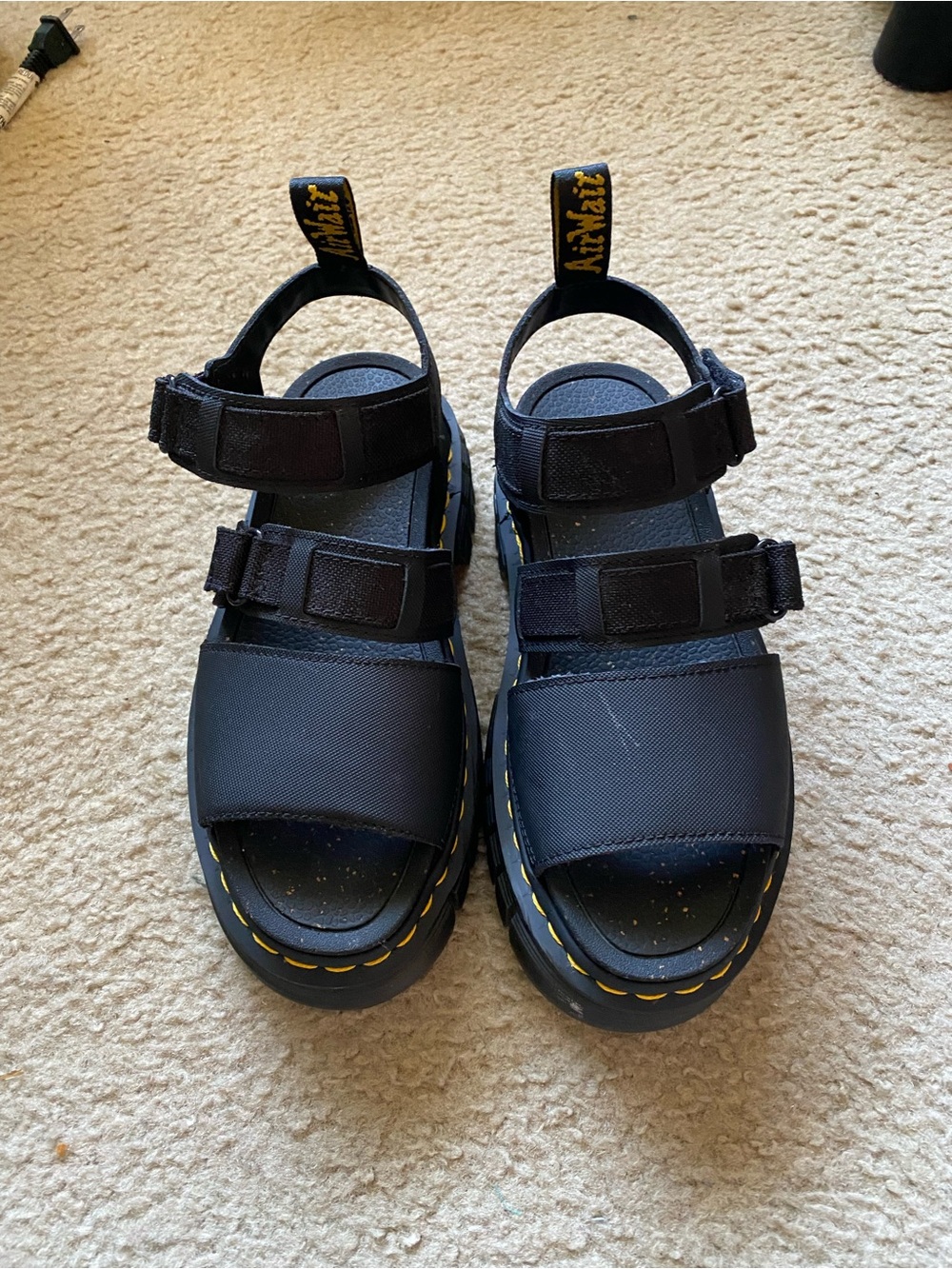 Dr. Martens Black Platform Sandals with Yellow Stitching